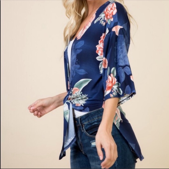 Blue and Floral 3/4 Sleeve Kimono Cardigan - Picture 6 of 7